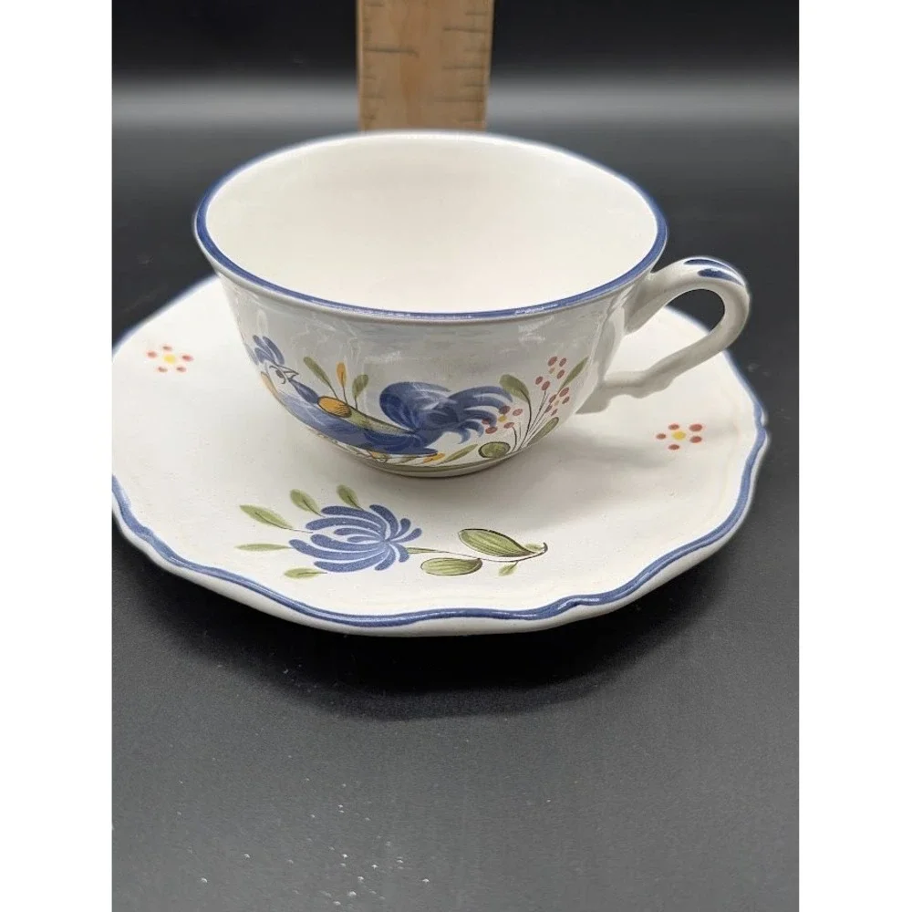 Vintage Luneville France Chanteclerc Teacup Saucer Set scallop Rooster Blue Rare